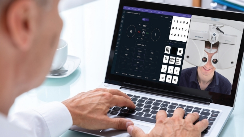 Patient performing AI-based eye exam via telehealth device
