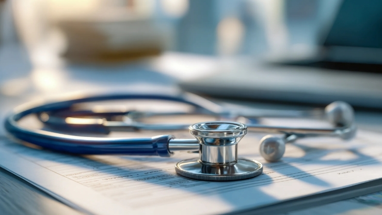 Stethoscope resting on medical paperwork on the office desk